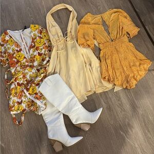 Lot Bundle of Floral Dress, Yellow Dress, and White Boots Set